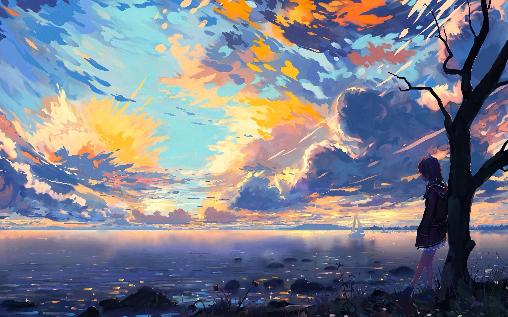 蓝色与橙色天空下的海岸插画